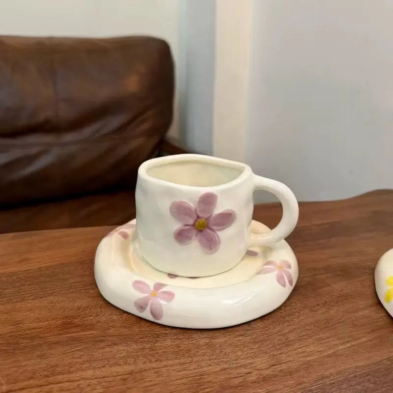 Handmade Floral Ceramic Cup & Saucer Set Cute Aesthetic Coffee & Tea Cup with Daisy Design Sparkels  Sparkels