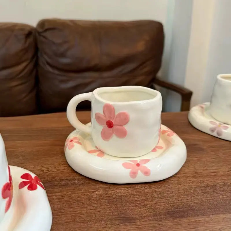 Handmade Floral Ceramic Cup & Saucer Set Cute Aesthetic Coffee & Tea Cup with Daisy Design Sparkels  Sparkels