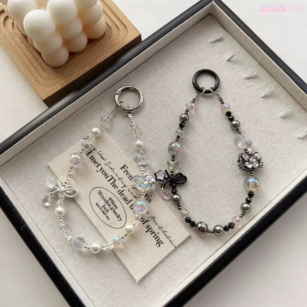 Crystal Pearl Bow Charm Beaded Keychain