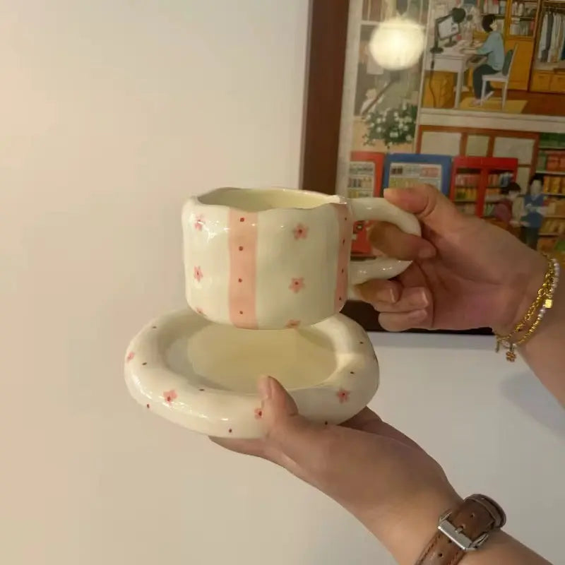 Handmade Pink Striped Ceramic Cup & Saucer Set 320ml Cute Floral Aesthetic Coffee & Tea Cup Sparkels  Sparkels