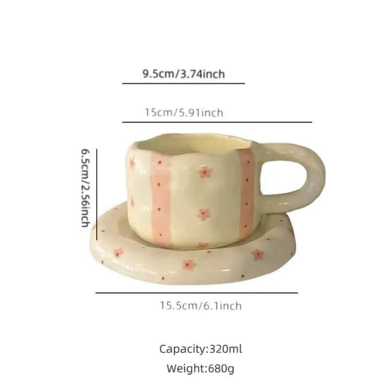 Handmade Pink Striped Ceramic Cup & Saucer Set 320ml Cute Floral Aesthetic Coffee & Tea Cup Sparkels  Sparkels