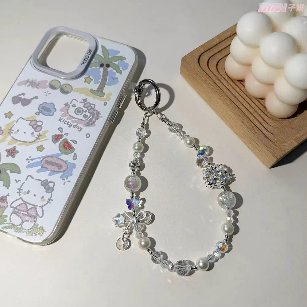 Crystal Pearl Bow Charm Beaded Keychain