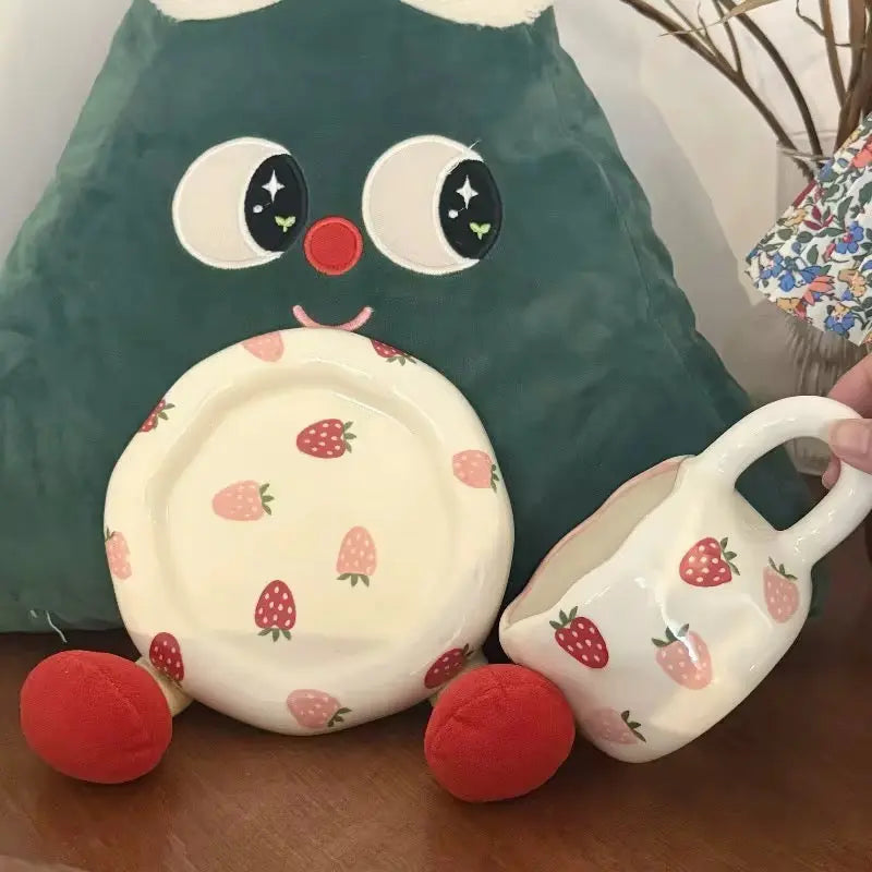 Handmade Strawberry Ceramic Cup & Saucer Set 320ml Cute Aesthetic Coffee & Tea Cup Sparkels  Sparkels