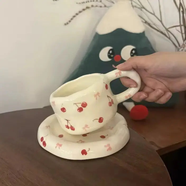 Handmade Cherry Ceramic Cup & Saucer Set 320ml Cute Aesthetic Coffee & Tea Cup Sparkels  Sparkels