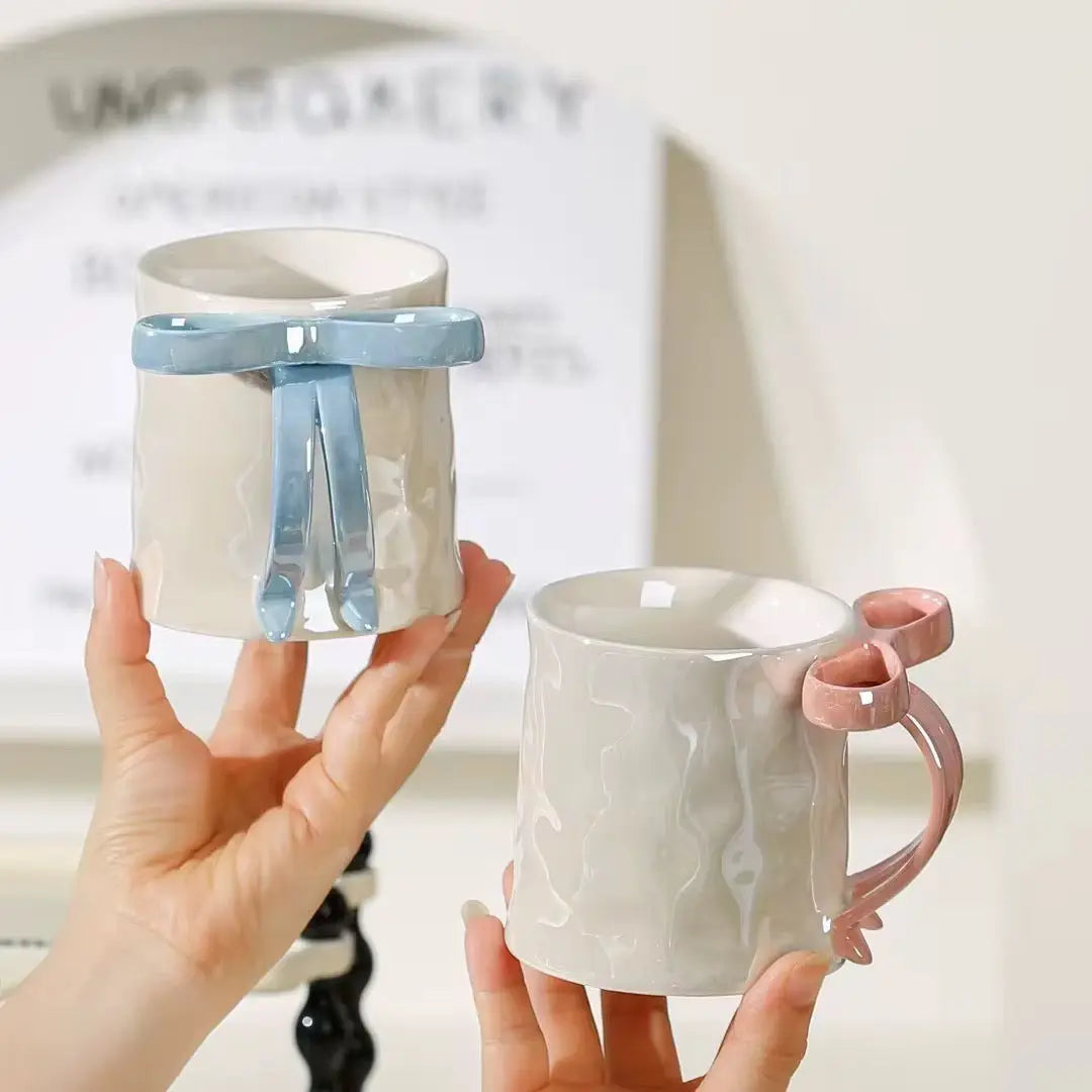 Modern Bow Handle Ceramic Mug 350ml Cute Aesthetic Coffee & Tea Cup with Glossy Ribbon Handle Sparkels  Sparkels
