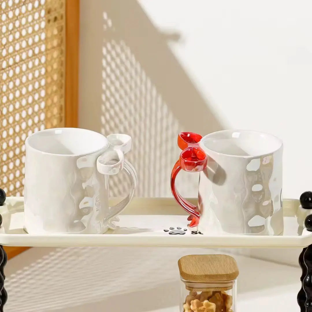 Modern Bow Handle Ceramic Mug 350ml Cute Aesthetic Coffee & Tea Cup with Glossy Ribbon Handle Sparkels  Sparkels