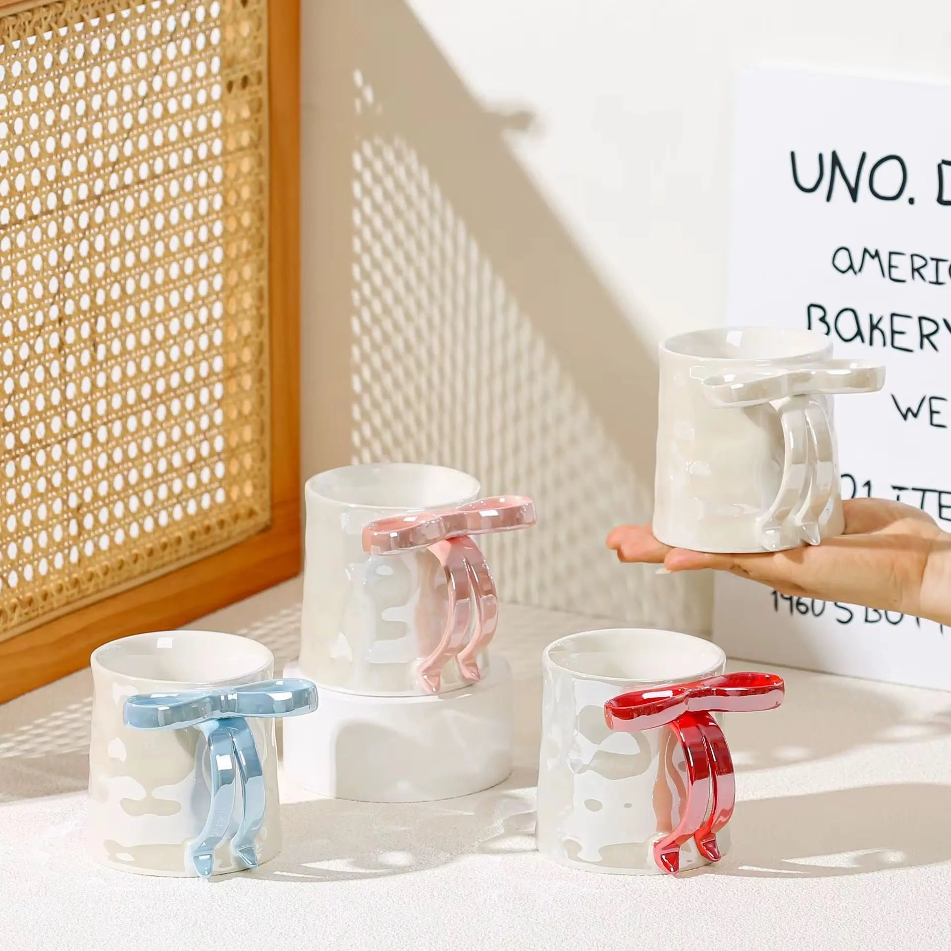 Modern Bow Handle Ceramic Mug 350ml Cute Aesthetic Coffee & Tea Cup with Glossy Ribbon Handle Sparkels  Sparkels