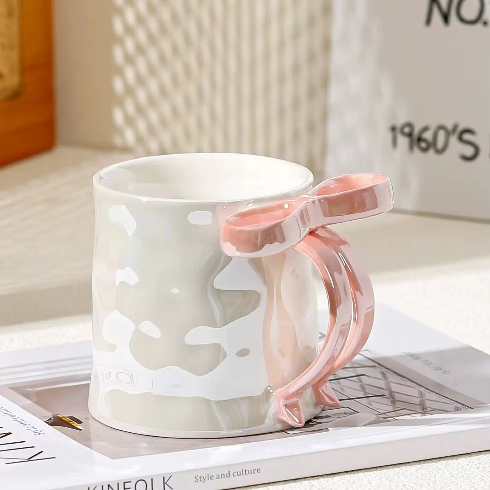 Modern Bow Handle Ceramic Mug 350ml Cute Aesthetic Coffee & Tea Cup with Glossy Ribbon Handle Sparkels  Sparkels