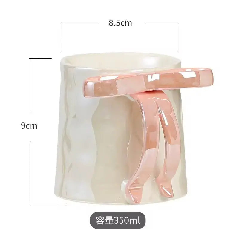 Modern Bow Handle Ceramic Mug 350ml Cute Aesthetic Coffee & Tea Cup with Glossy Ribbon Handle Sparkels  Sparkels