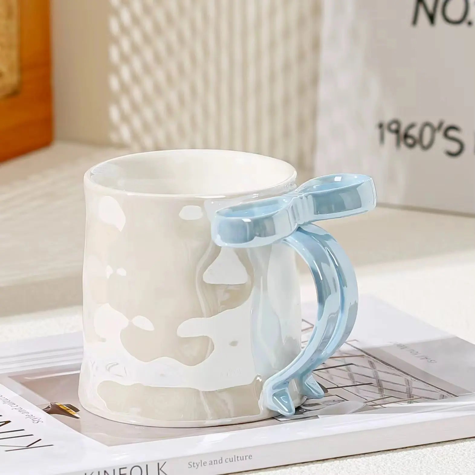 Modern Bow Handle Ceramic Mug 350ml Cute Aesthetic Coffee & Tea Cup with Glossy Ribbon Handle Sparkels  Sparkels