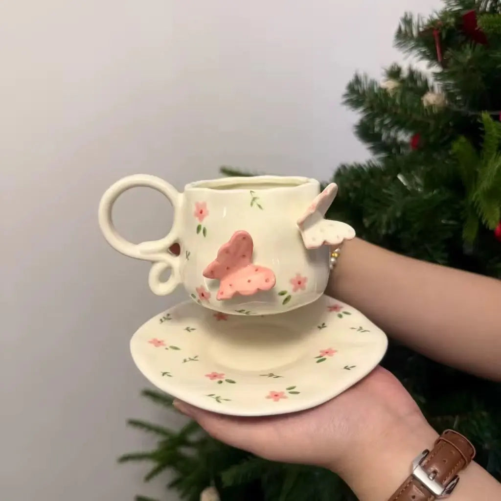 Handmade Butterfly Ceramic Cup & Saucer Set 270ml Cute Floral Aesthetic Coffee & Tea Cup Sparkels  Sparkels