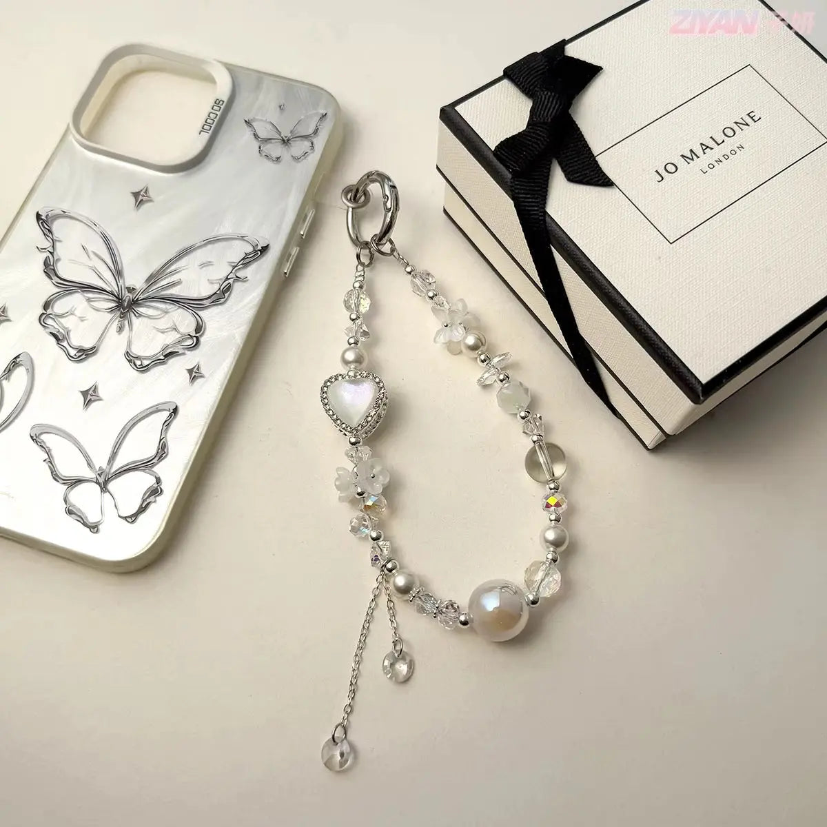 Heart Charm Crystal Beaded Keychain