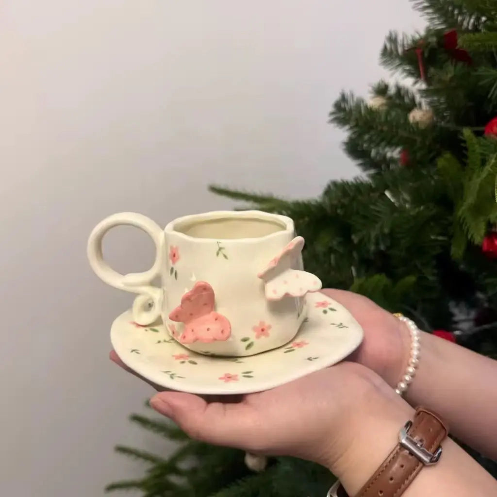 Handmade Butterfly Ceramic Cup & Saucer Set 270ml Cute Floral Aesthetic Coffee & Tea Cup Sparkels  Sparkels