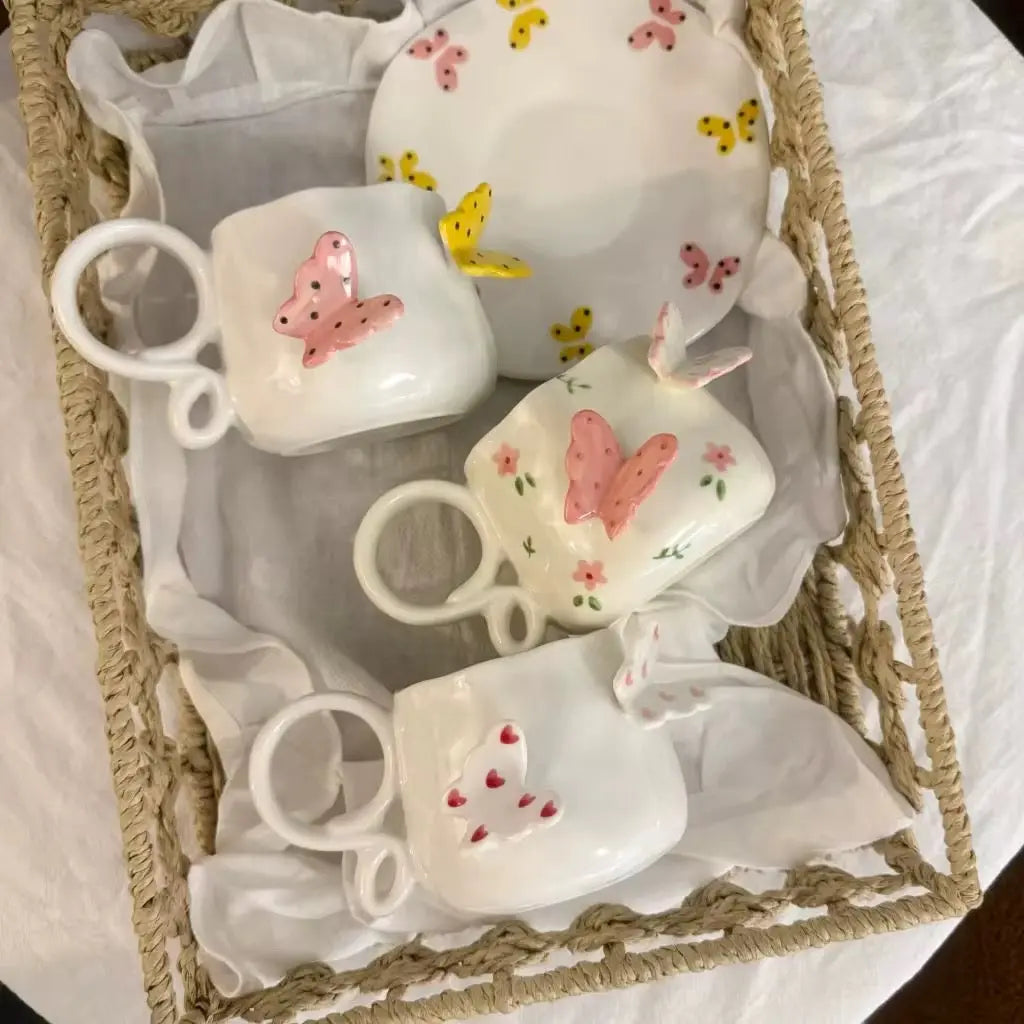 Handmade Butterfly Ceramic Cup & Saucer Set 270ml Cute Floral Aesthetic Coffee & Tea Cup Sparkels  Sparkels