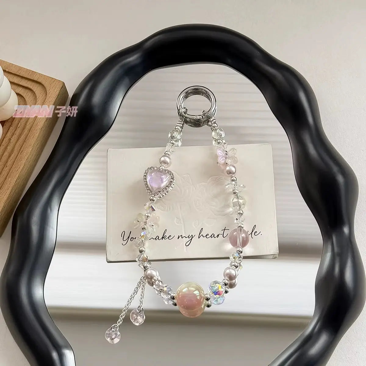 Heart Charm Crystal Beaded Keychain