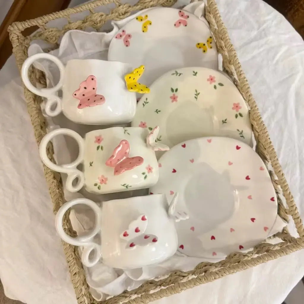 Handmade Butterfly Ceramic Cup & Saucer Set 270ml Cute Floral Aesthetic Coffee & Tea Cup Sparkels  Sparkels