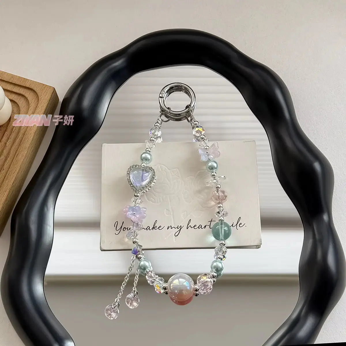 Heart Charm Crystal Beaded Keychain