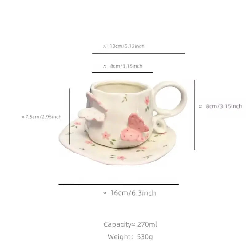 Handmade Butterfly Ceramic Cup & Saucer Set 270ml Cute Floral Aesthetic Coffee & Tea Cup Sparkels  Sparkels