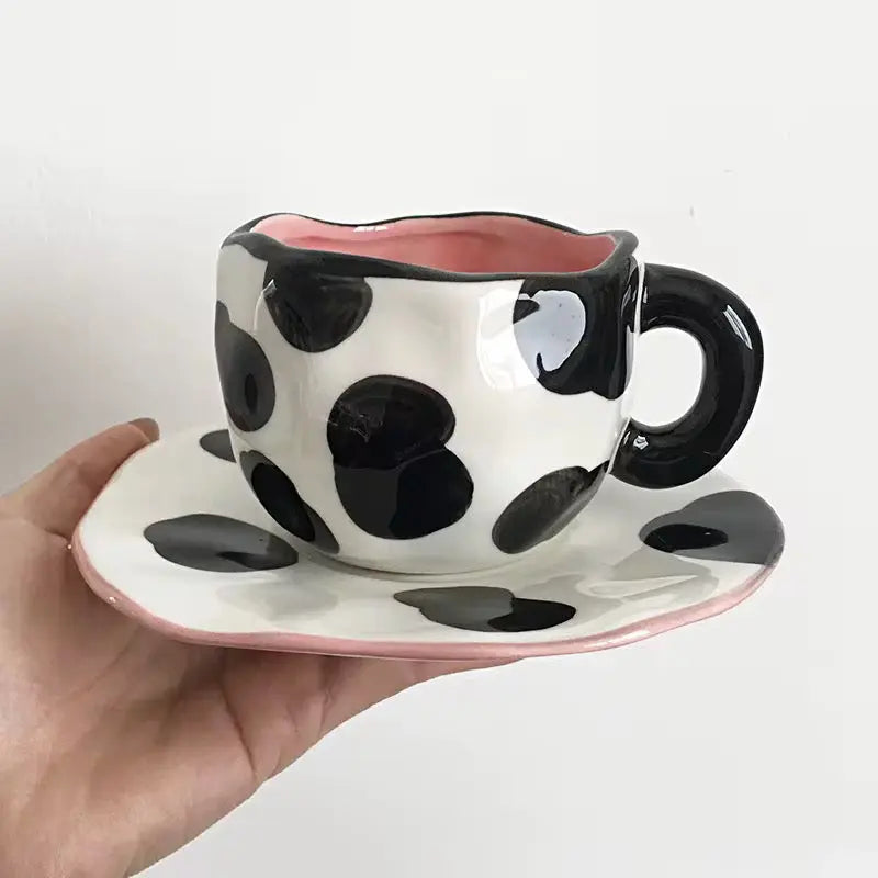 Handmade Polka Dot Ceramic Cup & Saucer Set Modern Black & White Aesthetic Coffee Cup Sparkels  Sparkels
