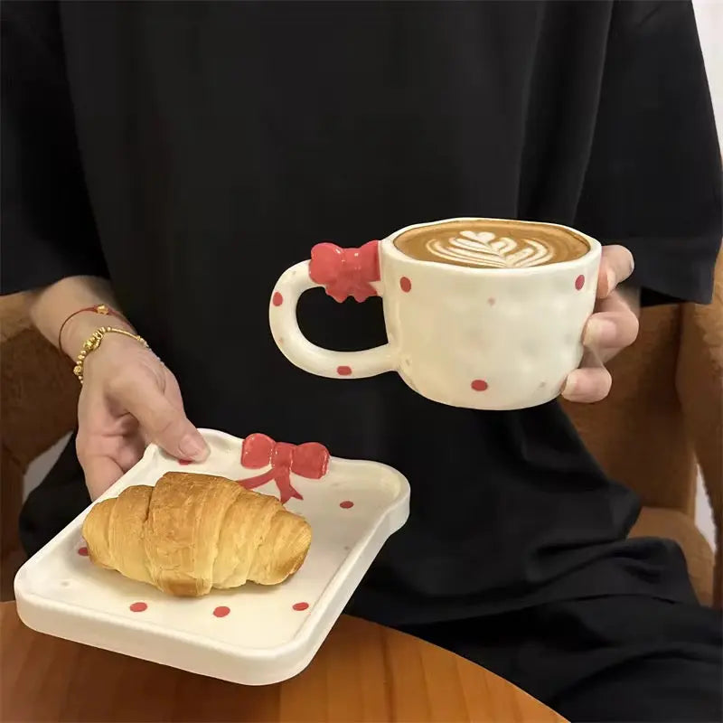 Handmade Red Bow Ceramic Mug & Snack Plate Set Cute Polka Dot Aesthetic Coffee Cup Sparkels  Sparkels