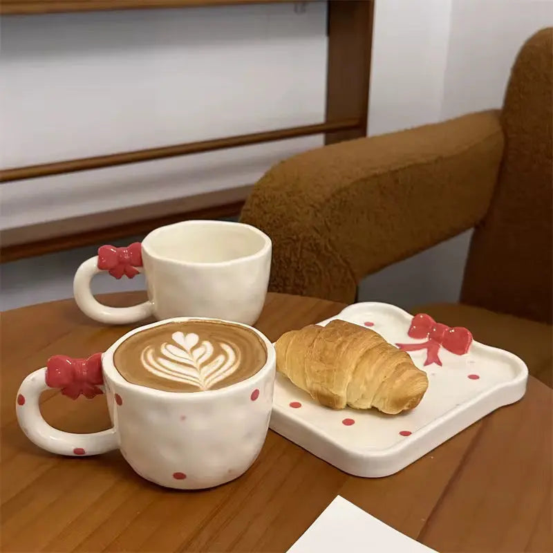 Handmade Red Bow Ceramic Mug & Snack Plate Set Cute Polka Dot Aesthetic Coffee Cup Sparkels  Sparkels