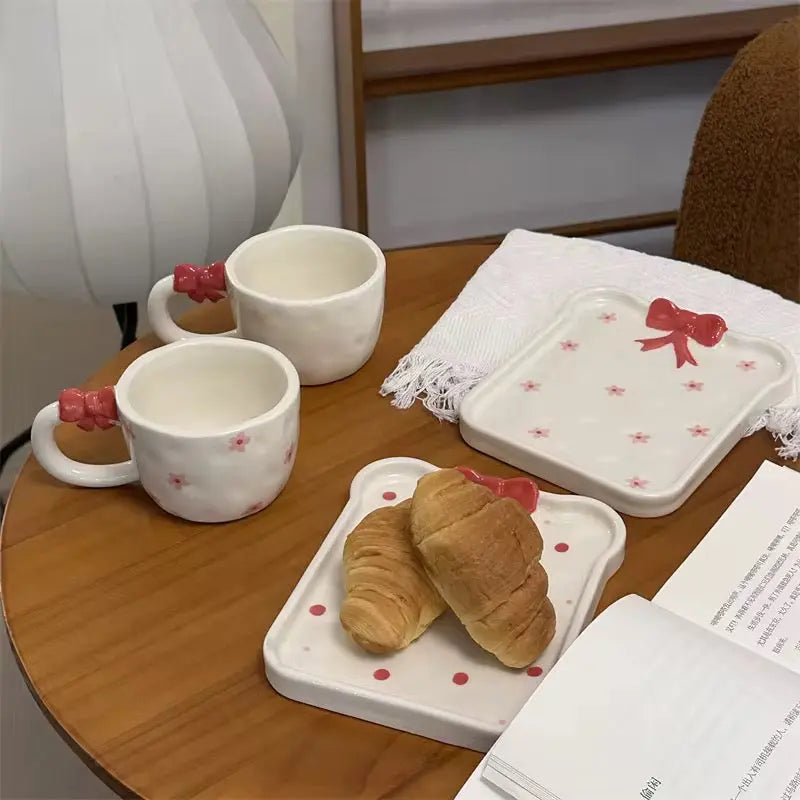 Handmade Red Bow Ceramic Mug & Snack Plate Set Cute Polka Dot Aesthetic Coffee Cup Sparkels  Sparkels
