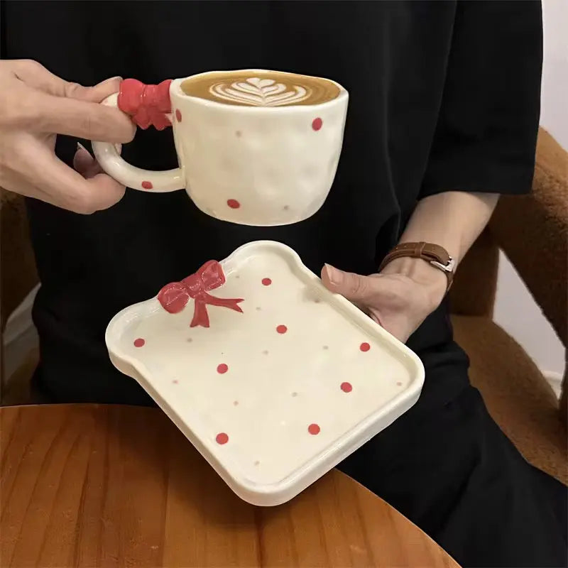Handmade Red Bow Ceramic Mug & Snack Plate Set Cute Polka Dot Aesthetic Coffee Cup Sparkels  Sparkels