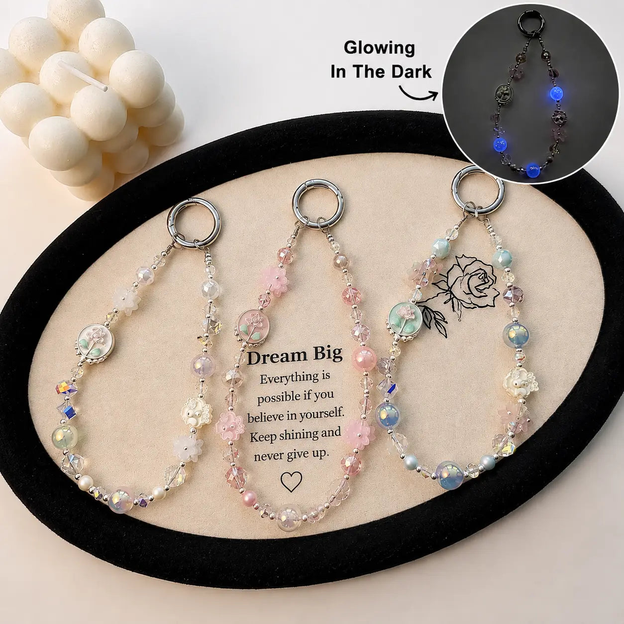 Glow in the Dark Floral Crystal Beaded Keychain