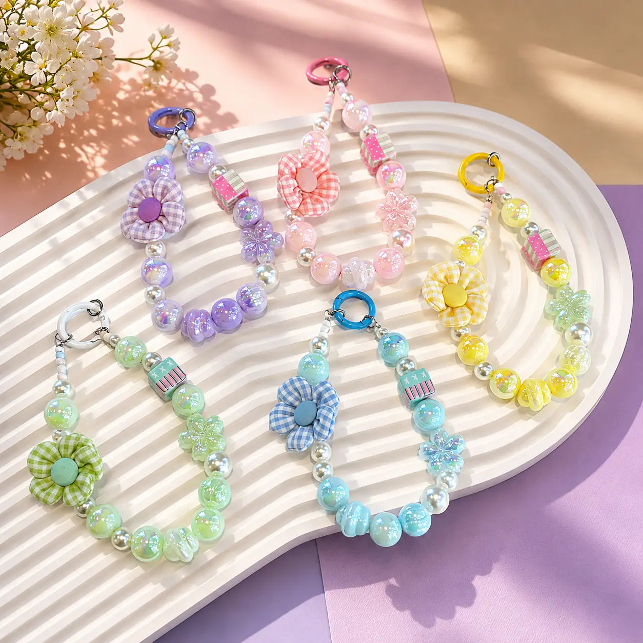 Pastel Flower Pearl Beaded Keychain
