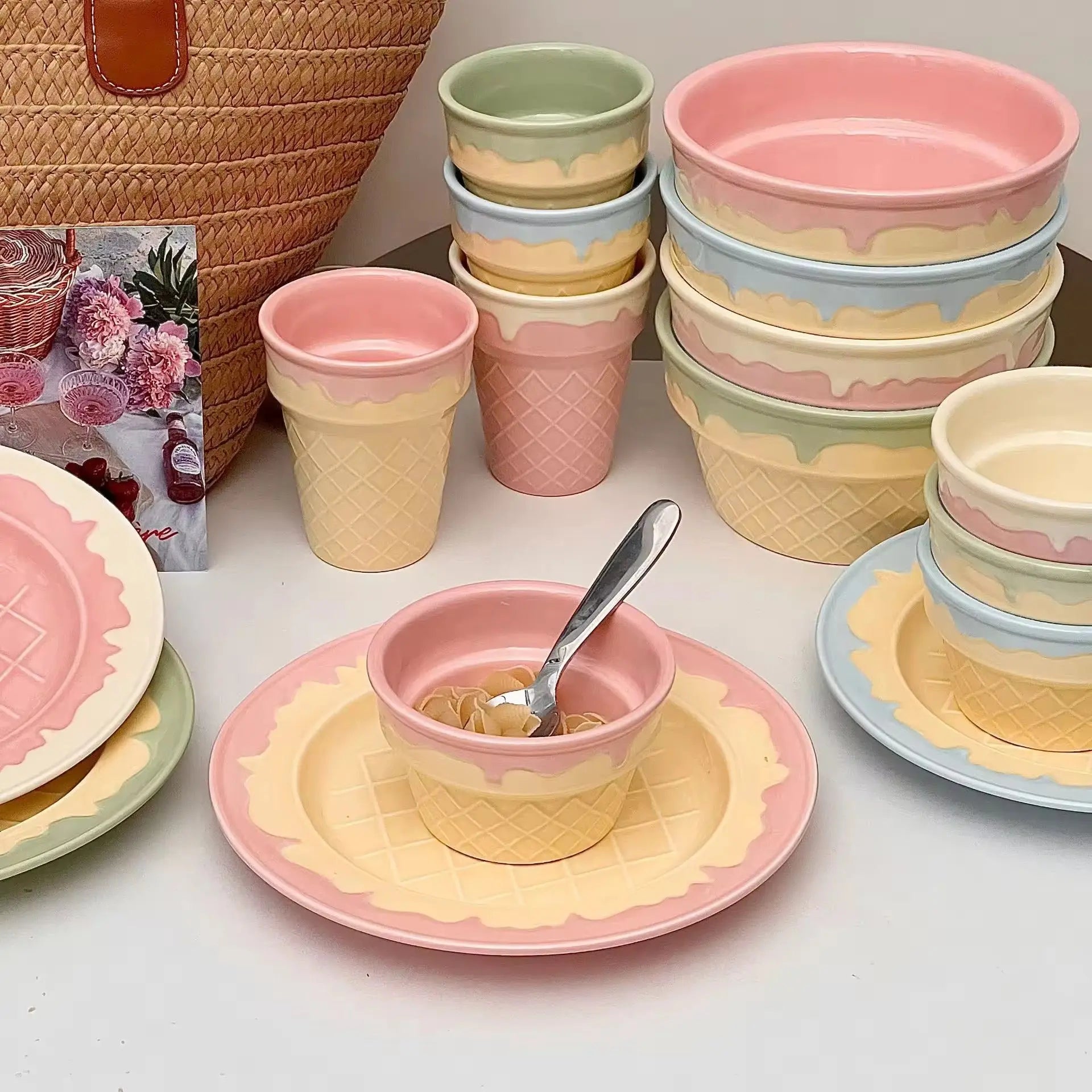 Ice Cream Cone Ceramic Bowl & Cup Set Pastel Pink Dessert Bowl, Snack Cup, Breakfast Bowl, Ice Cream Plate Cute Kitchen Tableware Collection Sparkels  Sparkels