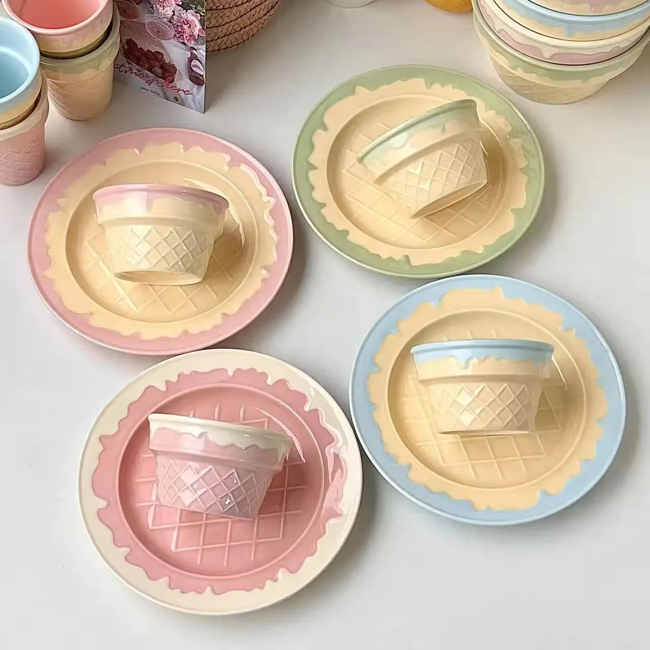 Ice Cream Cone Ceramic Bowl & Cup Set Pastel Pink Dessert Bowl, Snack Cup, Breakfast Bowl, Ice Cream Plate Cute Kitchen Tableware Collection Sparkels  Sparkels