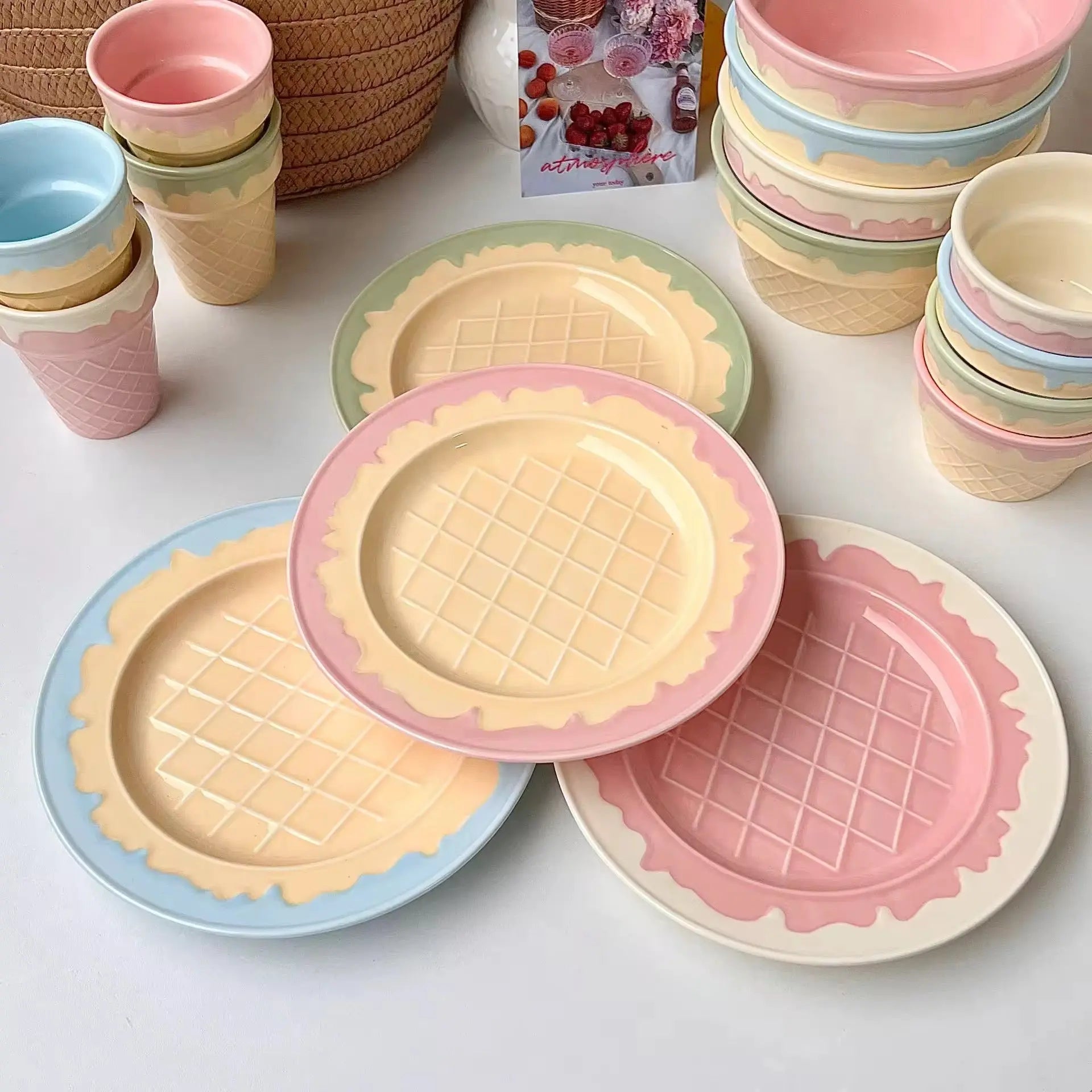 Ice Cream Cone Ceramic Bowl & Cup Set Pastel Pink Dessert Bowl, Snack Cup, Breakfast Bowl, Ice Cream Plate Cute Kitchen Tableware Collection Sparkels  Sparkels