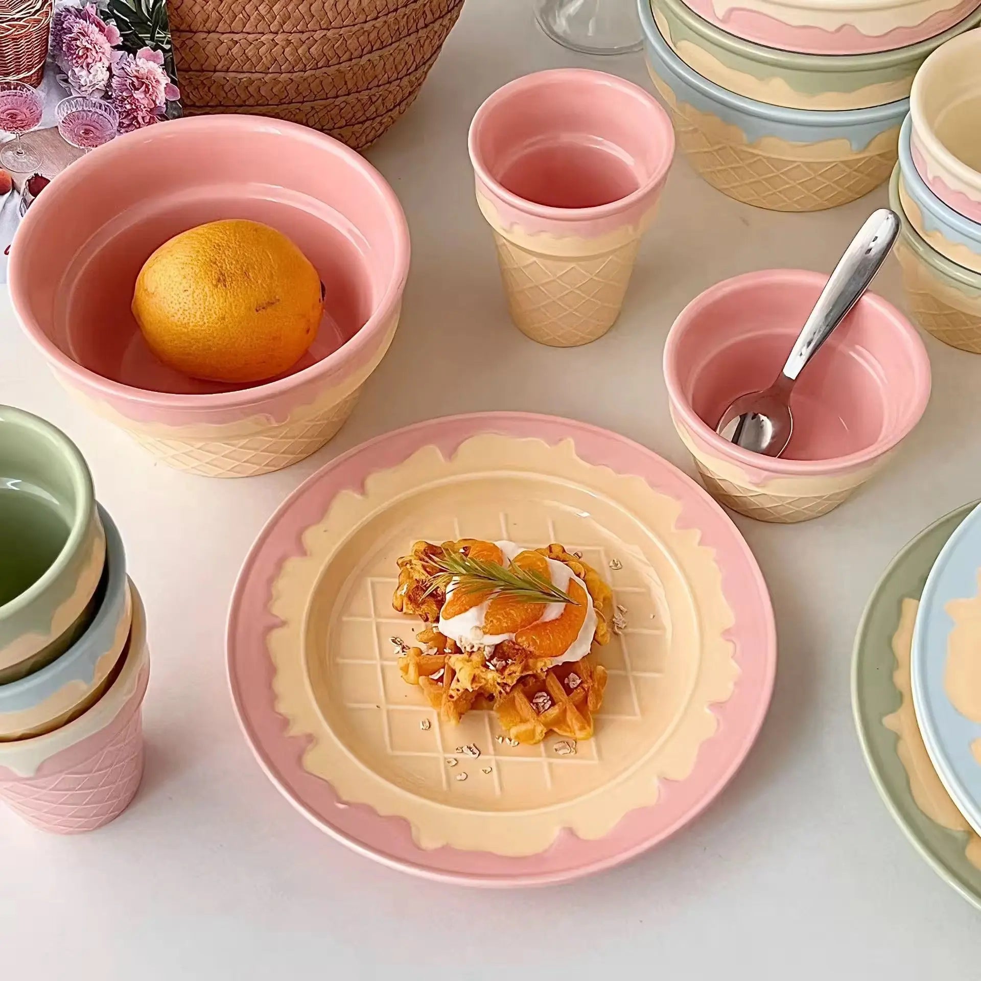 Ice Cream Cone Ceramic Bowl & Cup Set Pastel Pink Dessert Bowl, Snack Cup, Breakfast Bowl, Ice Cream Plate Cute Kitchen Tableware Collection Sparkels  Sparkels