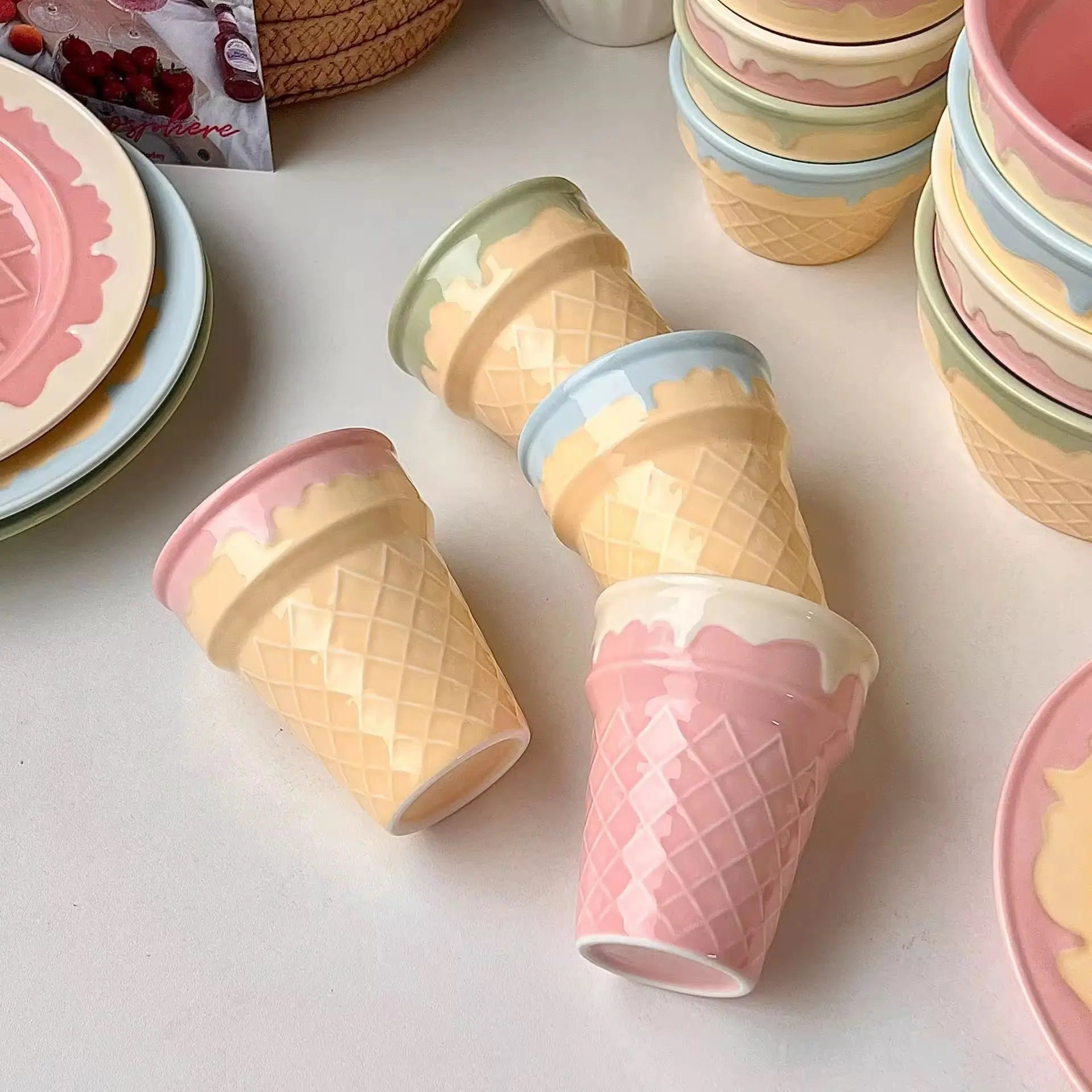 Ice Cream Cone Ceramic Bowl & Cup Set Pastel Pink Dessert Bowl, Snack Cup, Breakfast Bowl, Ice Cream Plate Cute Kitchen Tableware Collection Sparkels  Sparkels