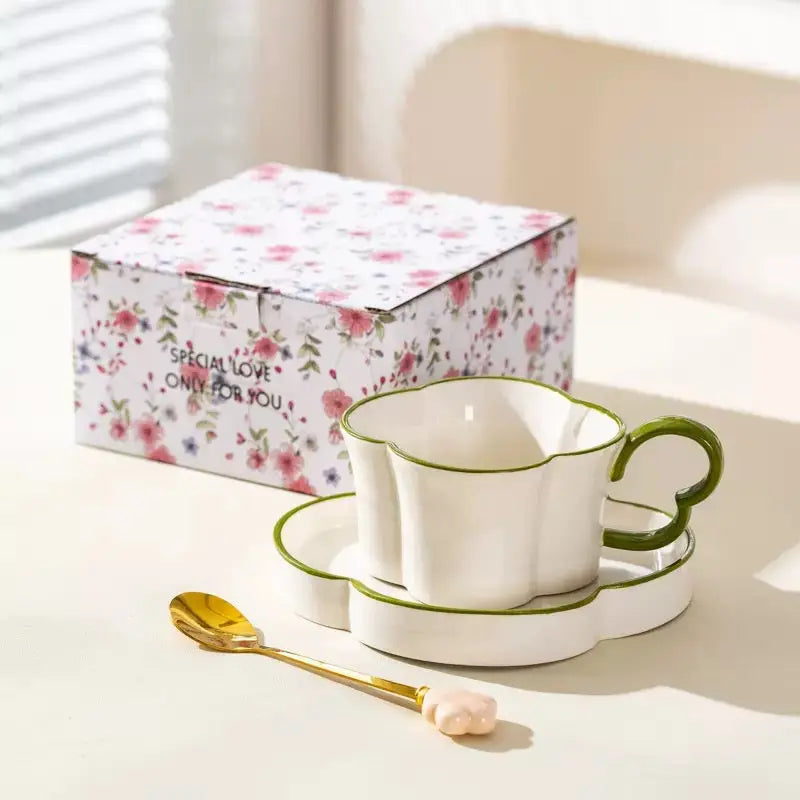 Modern Flower Shaped Ceramic Coffee Cup & Saucer Set Elegant Black Rim Latte & Tea Mug Set Sparkels  Sparkels