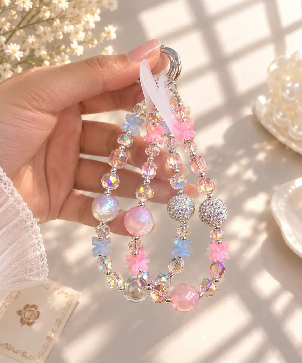 Crystal Flower Pearl Beaded Phone Charm