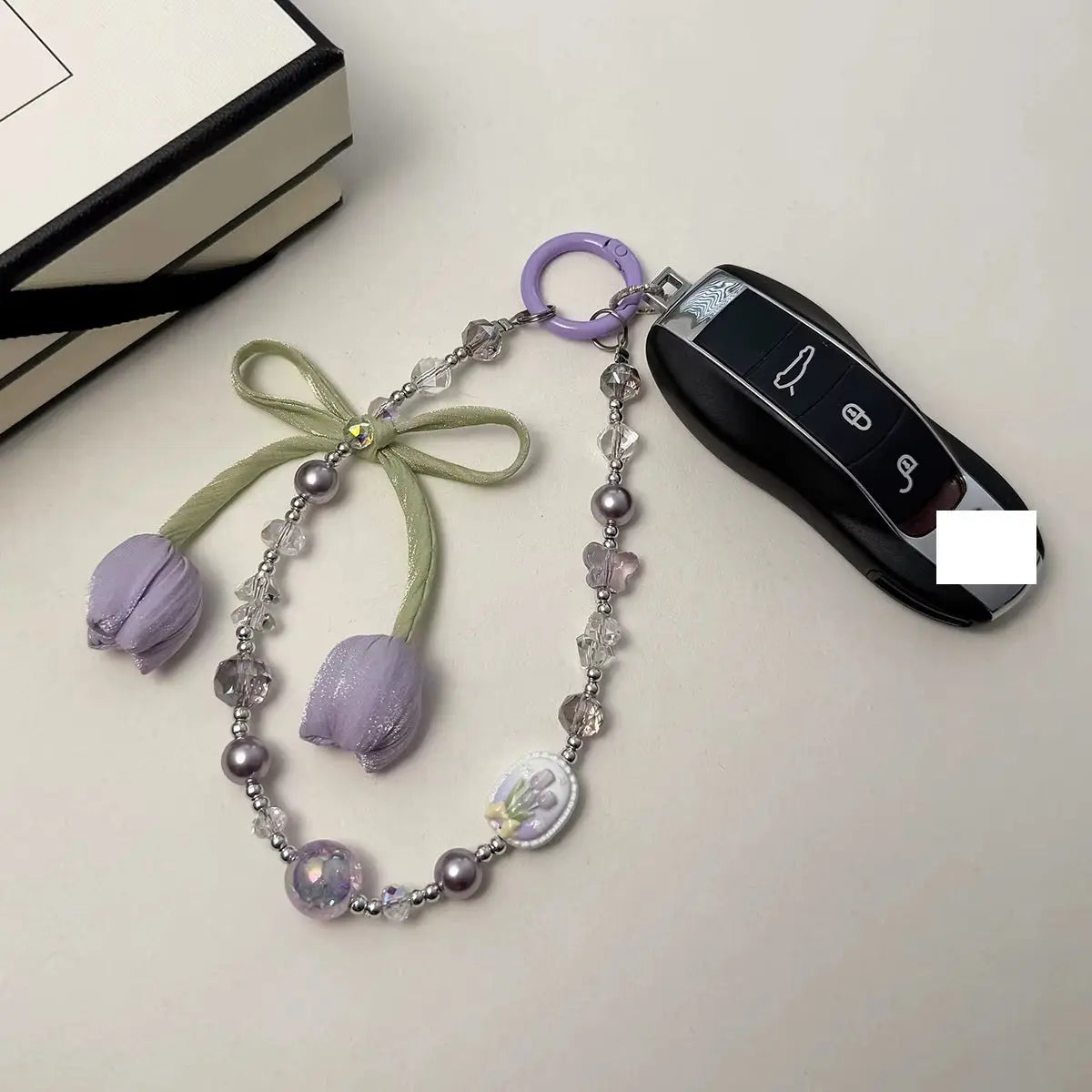 Tulip Bow Pearl Beaded Keychain