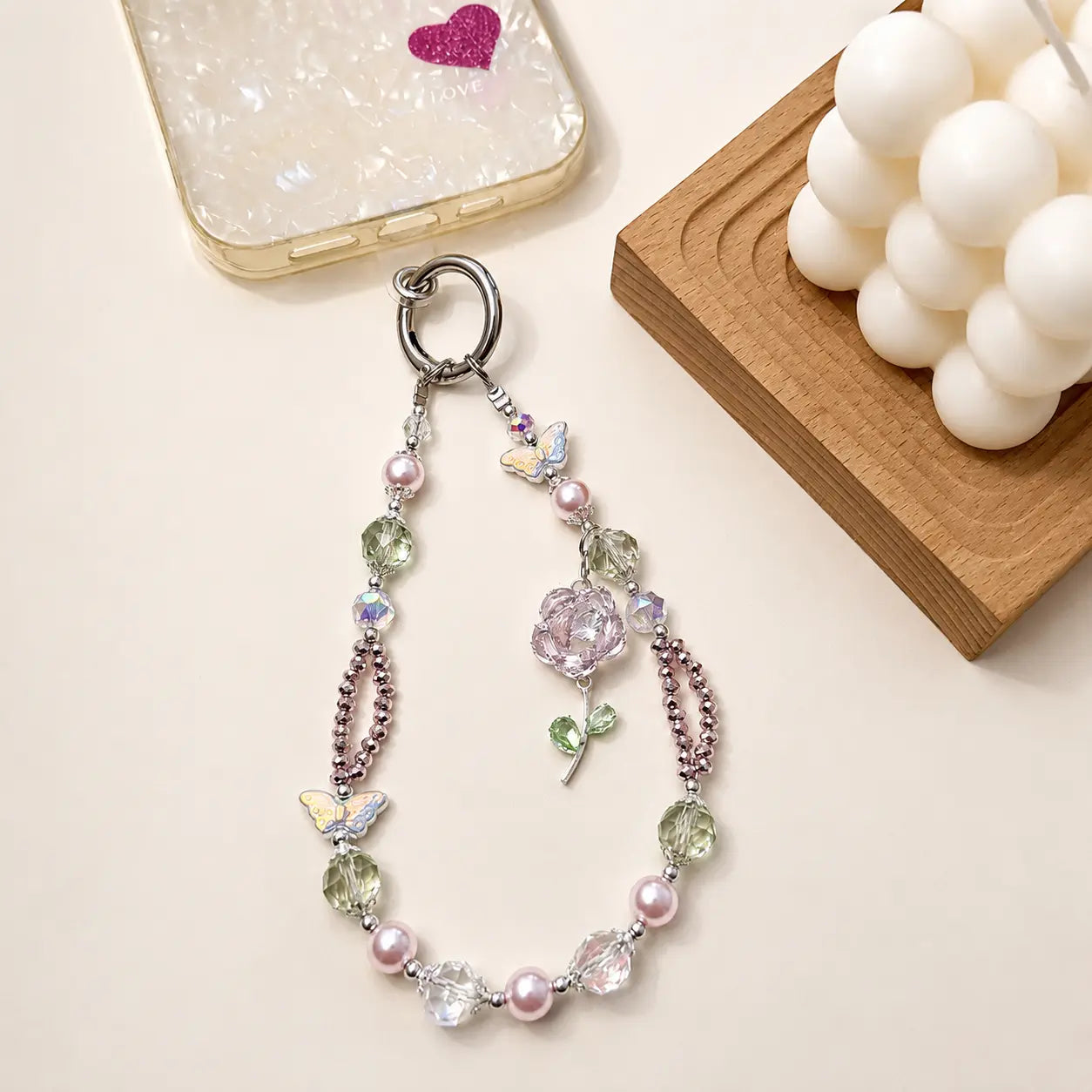 Rose Butterfly Crystal Beaded Keychain