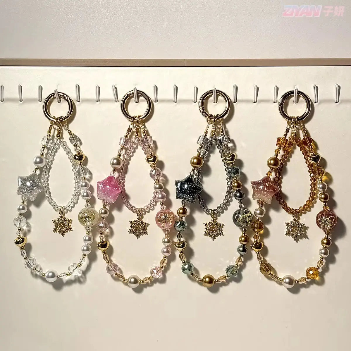 Starry Heart Crystal Beaded Keychain