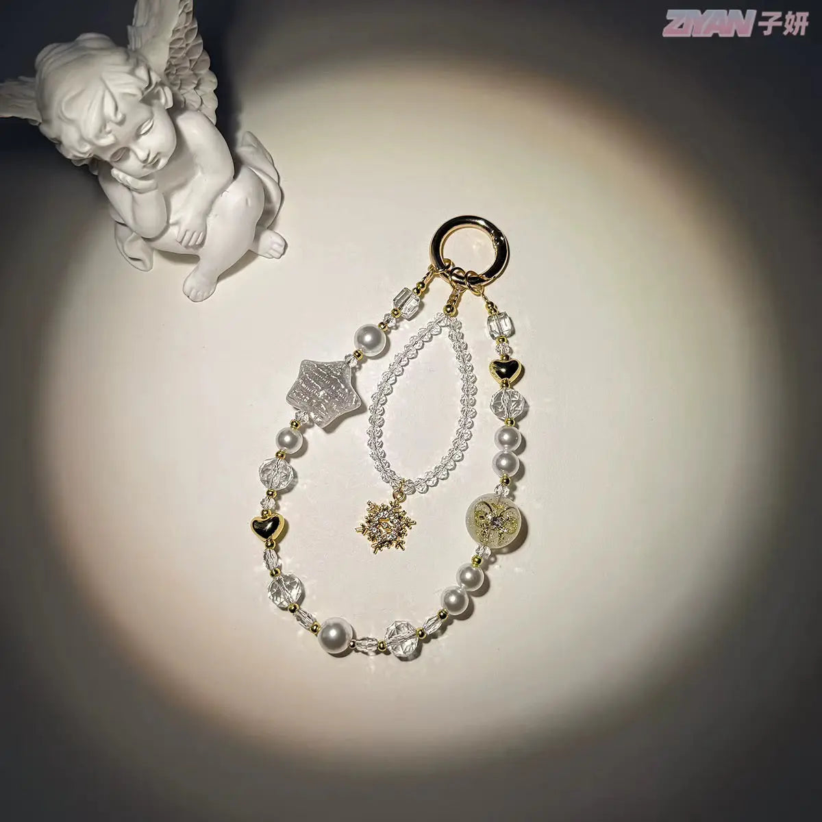 Starry Heart Crystal Beaded Keychain