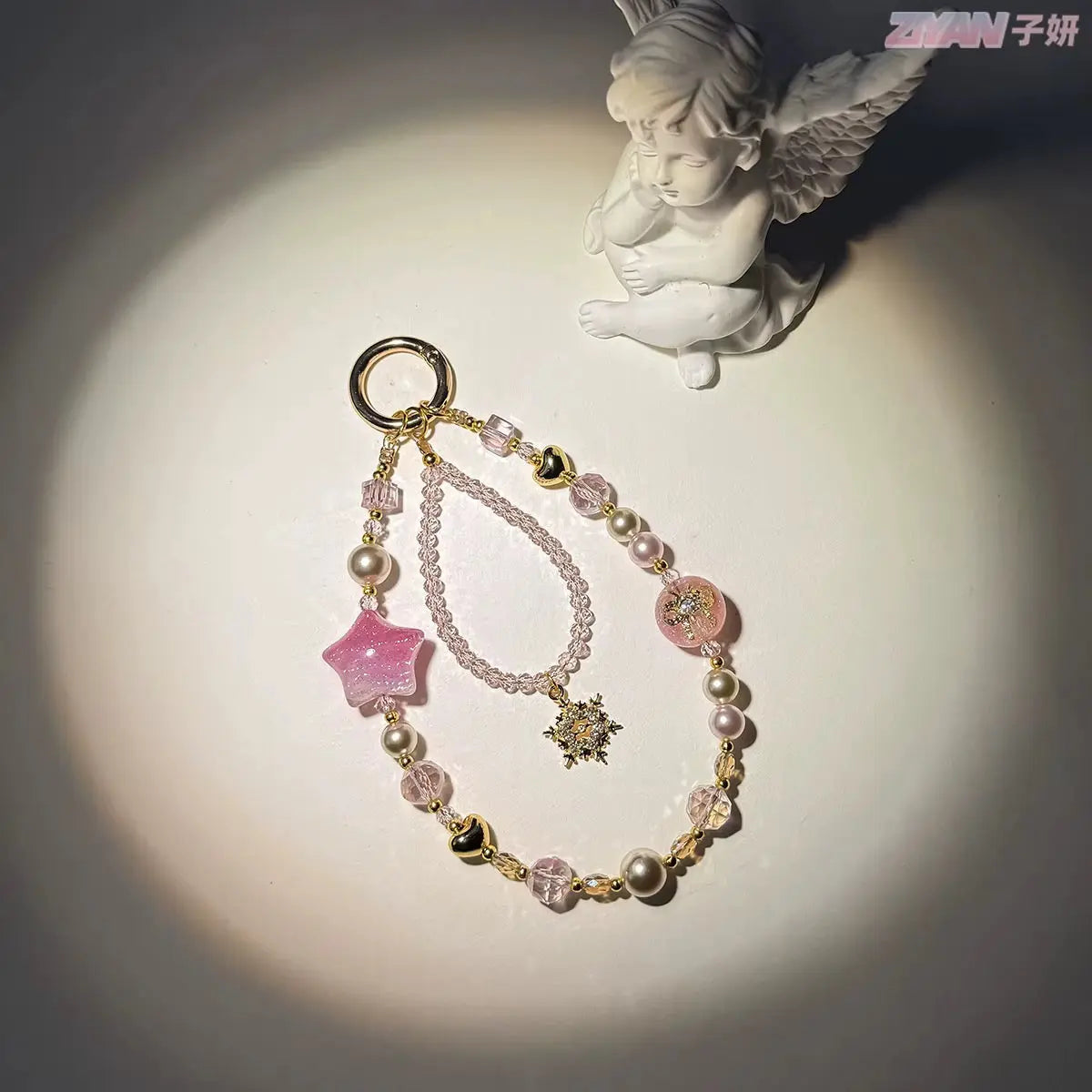 Starry Heart Crystal Beaded Keychain