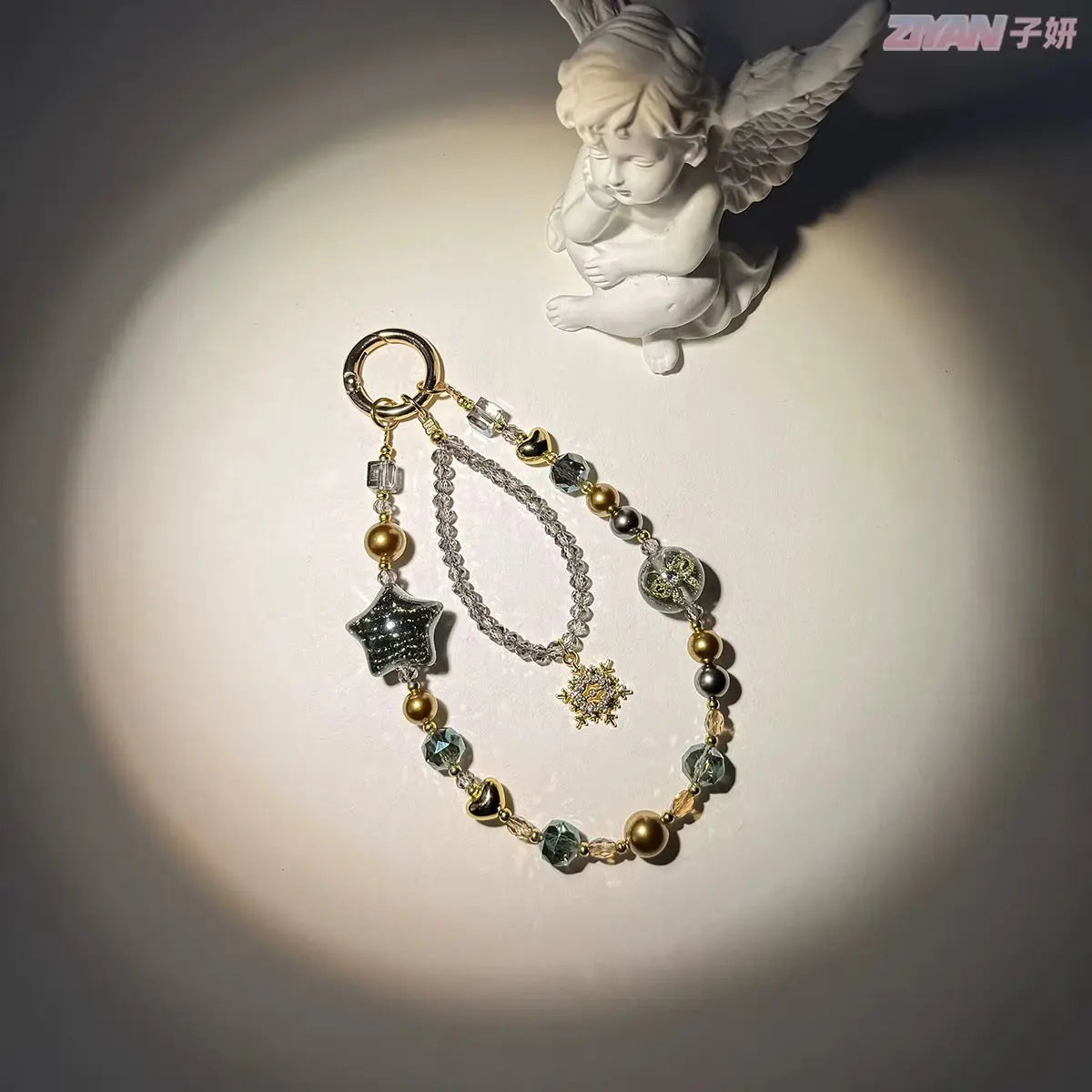 Starry Heart Crystal Beaded Keychain