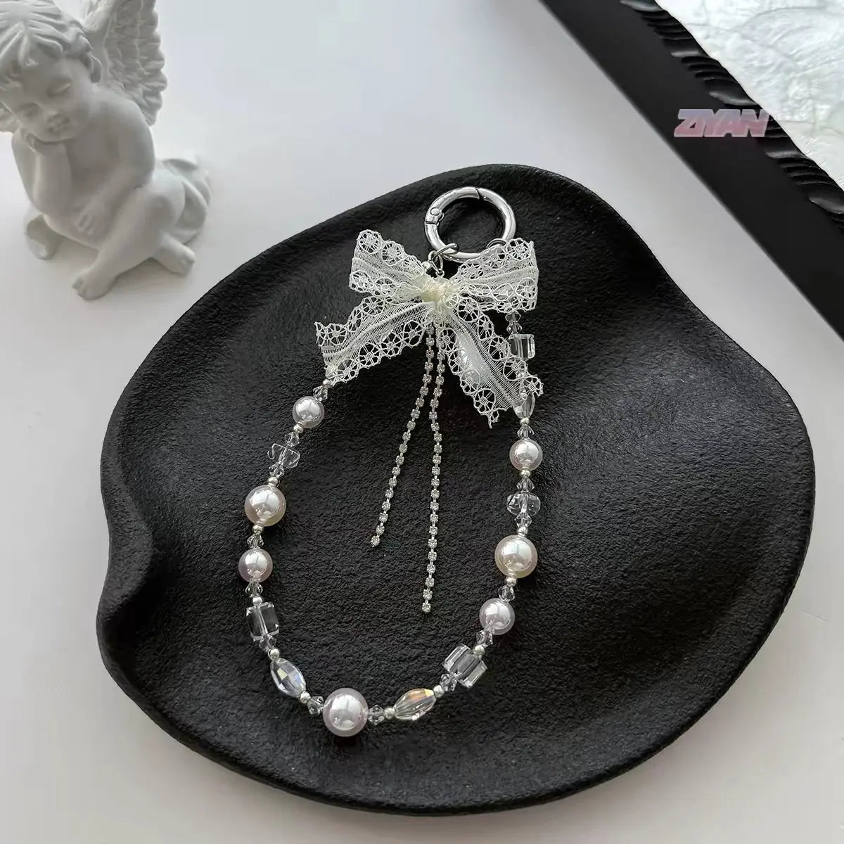 Lace Bow Pearl Beaded Keychain
