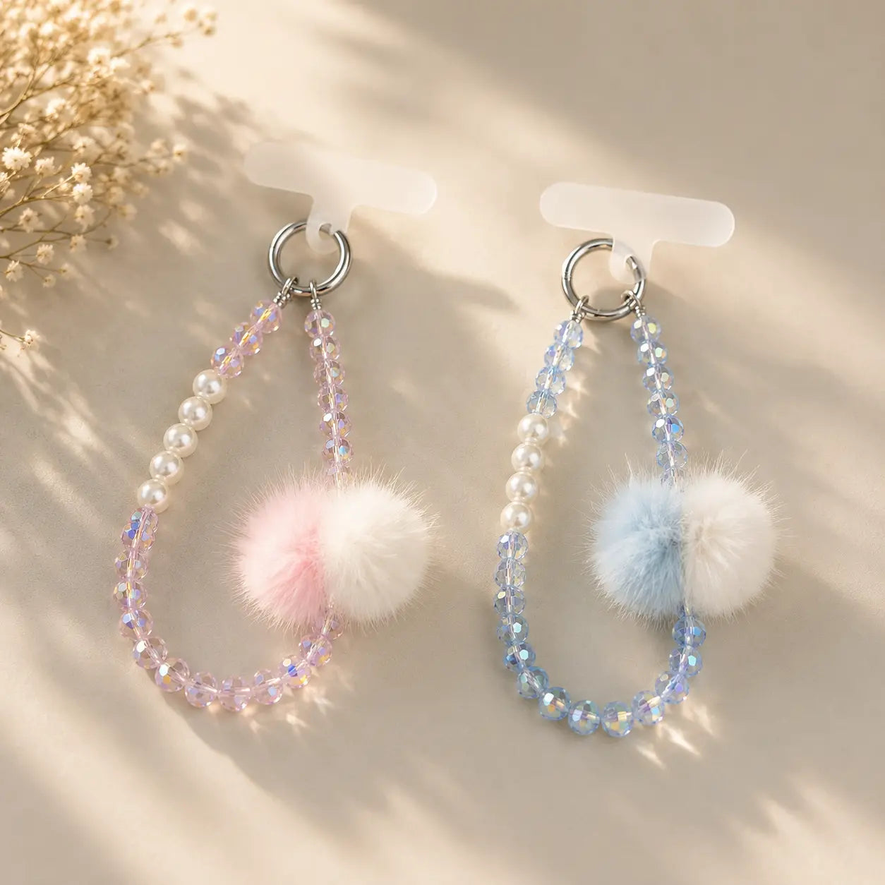 Fluffy Pom Pom Crystal Beaded Keychain