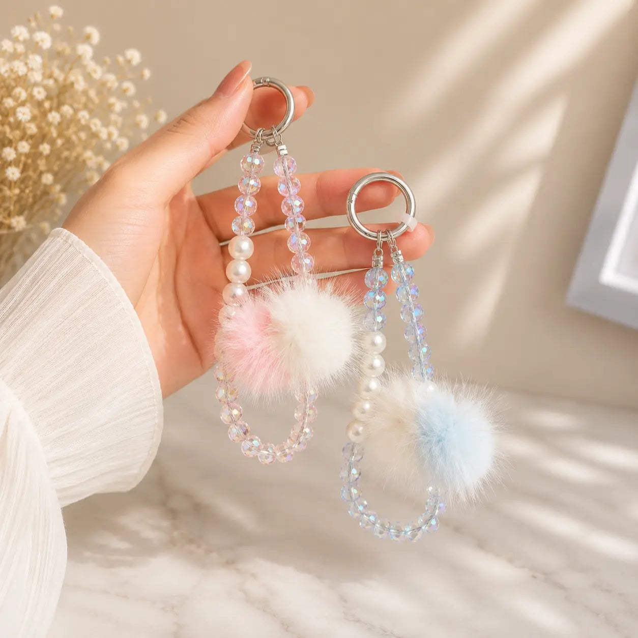 Fluffy Pom Pom Crystal Beaded Keychain