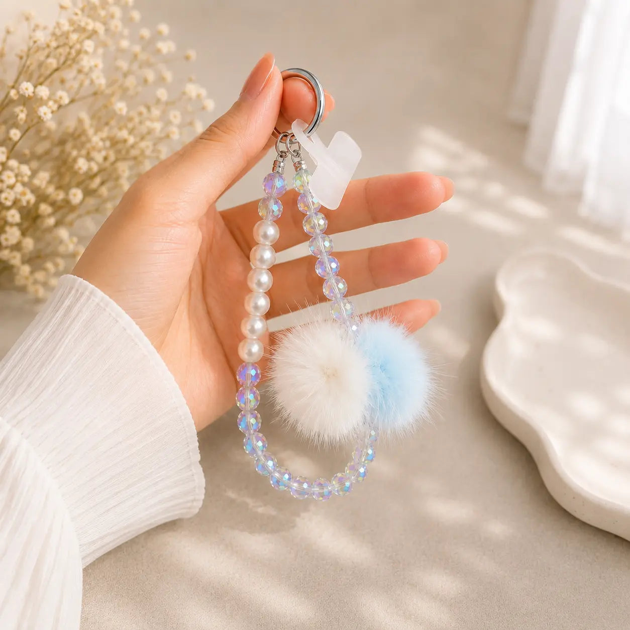 Fluffy Pom Pom Crystal Beaded Keychain