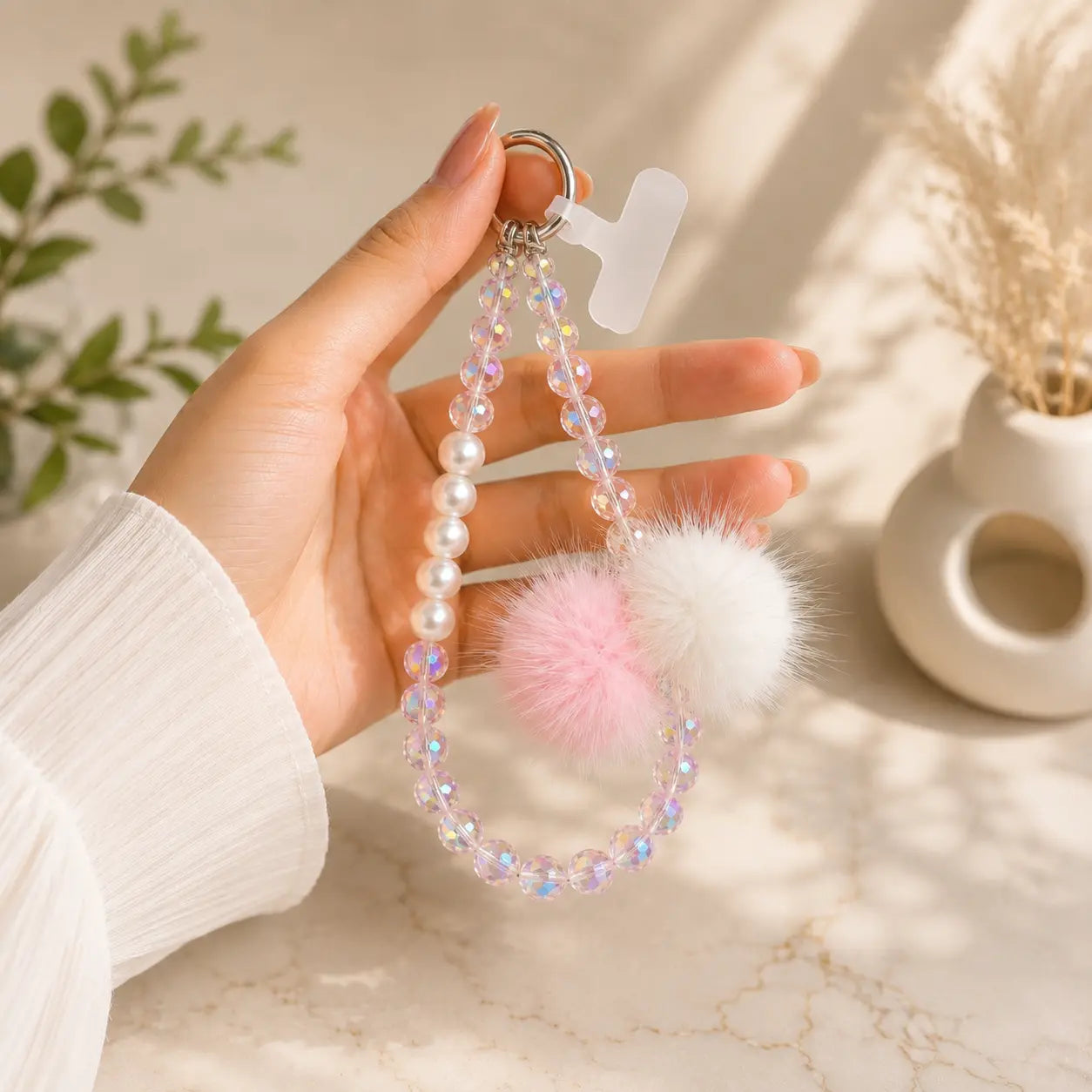 Fluffy Pom Pom Crystal Beaded Keychain