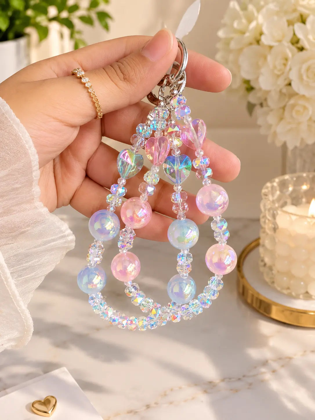 Iridescent Heart Crystal Beaded Keychain