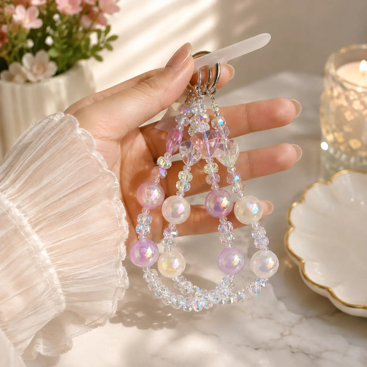 Iridescent Heart Crystal Beaded Keychain