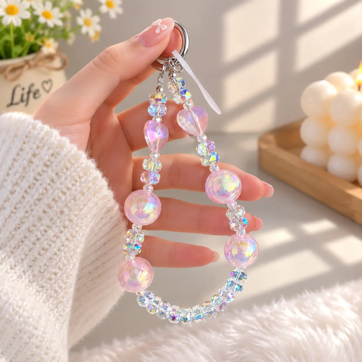 Iridescent Heart Crystal Beaded Keychain